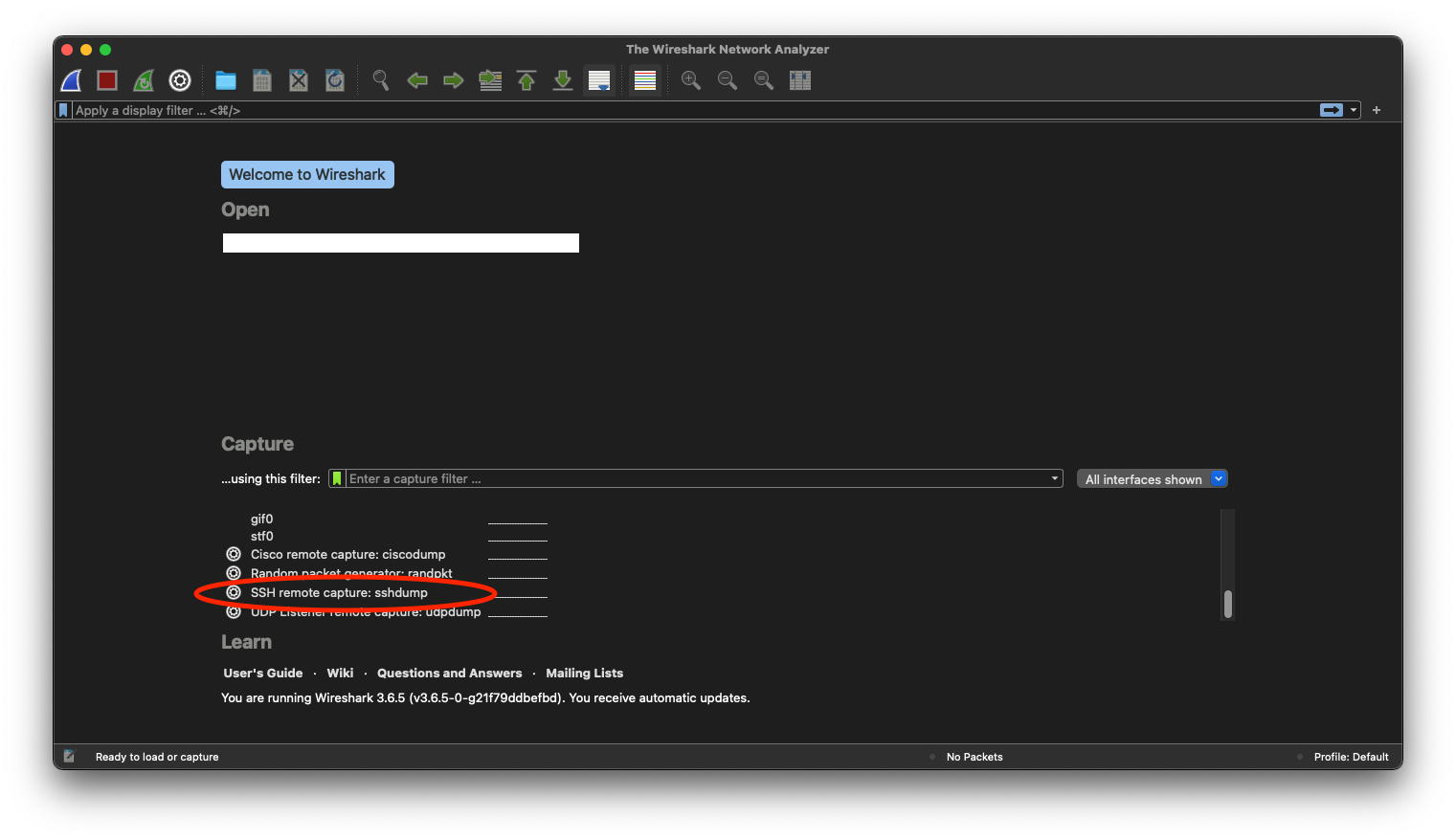 Selecting sshdump interface in Wireshark