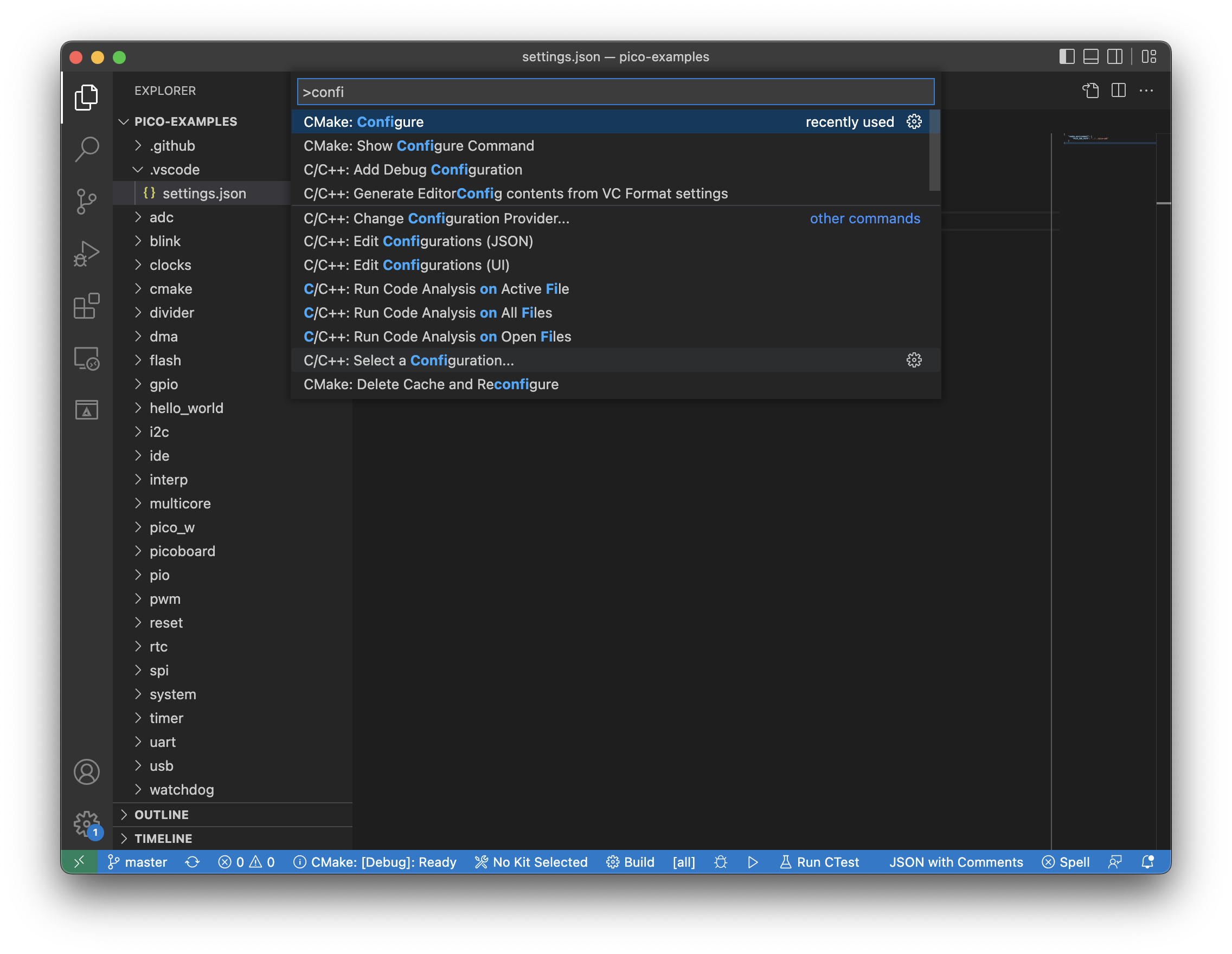 Using the Command Pallette in VSCode to find CMake Confiugre action.