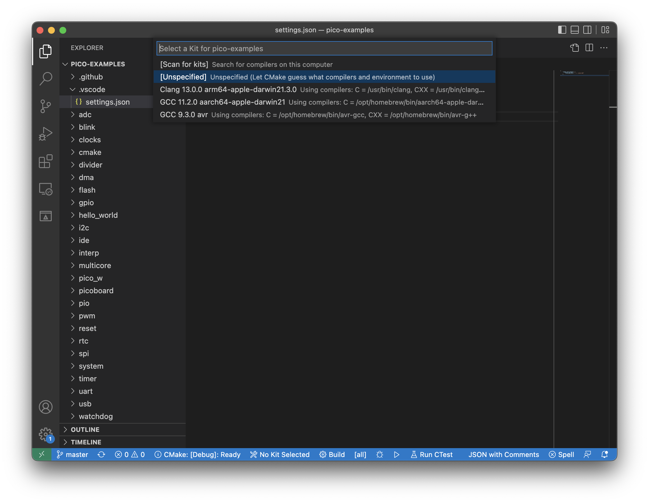 Select unspecified when prompted in Command Pallette and allow CMake to find its own tools.