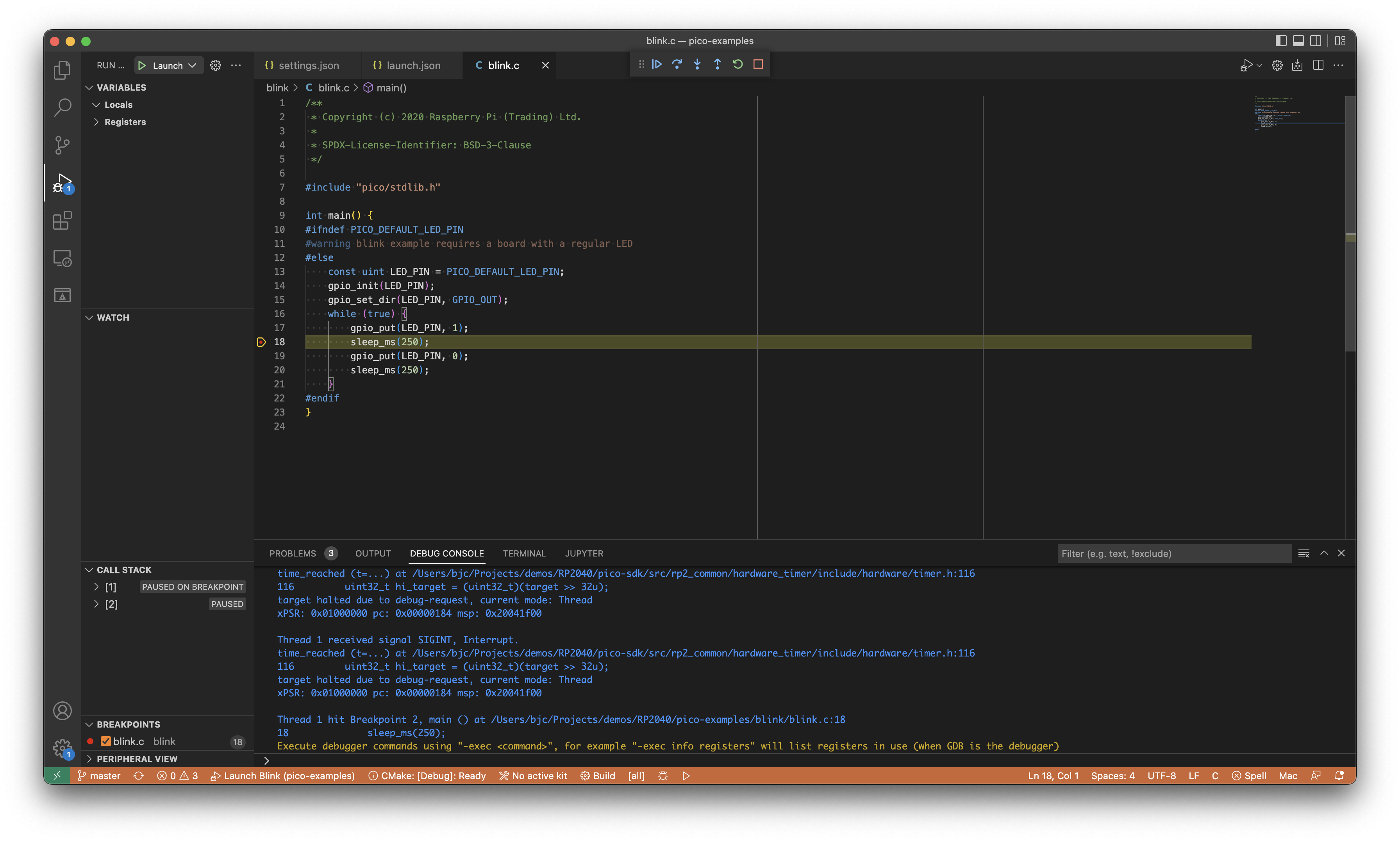Debugger session connected, breakpoint in blink.c